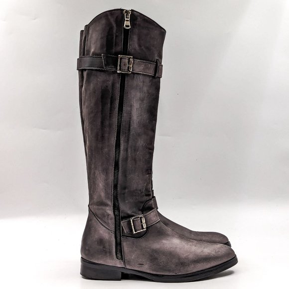 Charles David Italy Women Distress Grey Leather Buckle Riding Tall Boots sz 6.5 - Picture 9 of 11